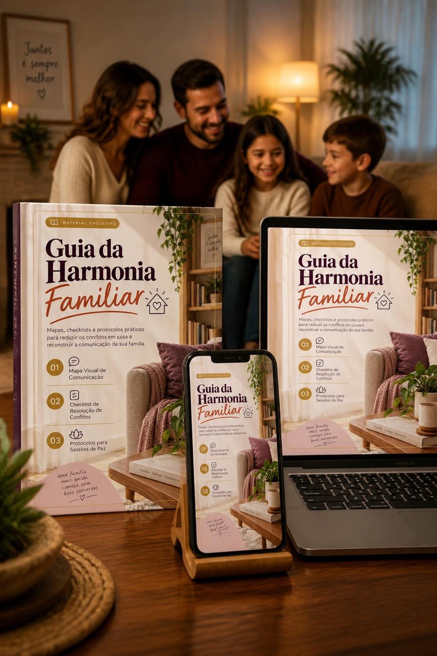 Guia da Harmonia Familiar em uso: livro, celular e notebook mostrando o material, com família ao fundo
